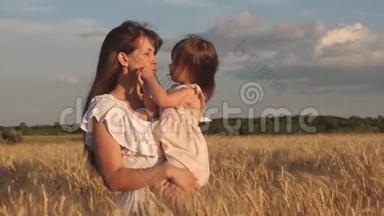 母亲带着婴儿在田里散步，手里拿着<strong>小</strong>麦的<strong>小穗</strong>。 <strong>小</strong>女儿在麦田里吻妈妈
